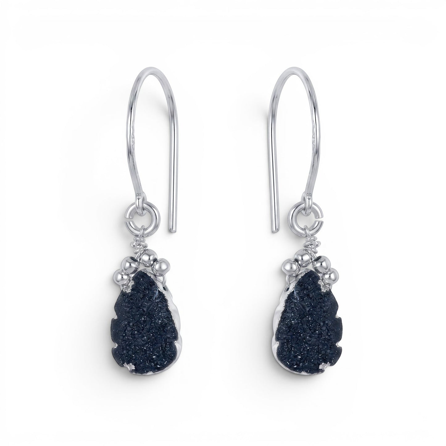 Trebor Style black druzy teardrop earrings with sterling silver settings and hook wires.