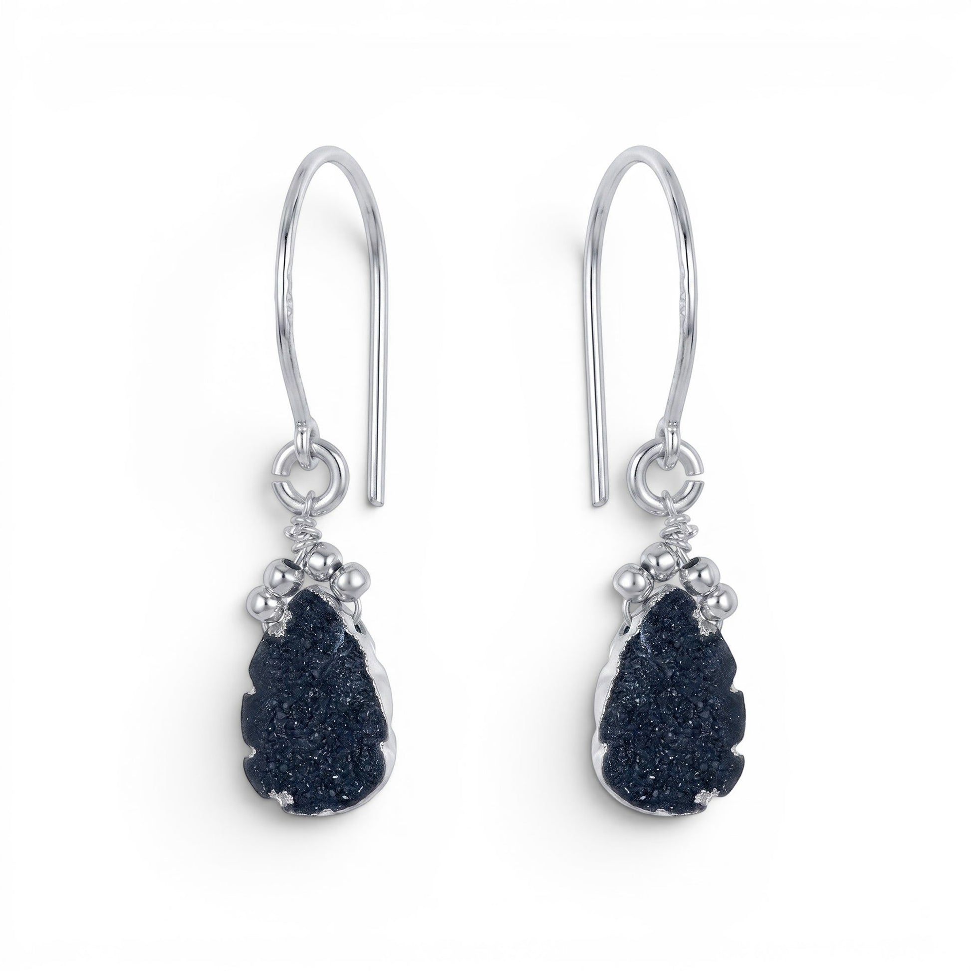 Trebor Style black druzy teardrop earrings with sterling silver settings and hook wires.
