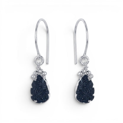 Trebor Style black druzy teardrop earrings with sterling silver settings and hook wires.