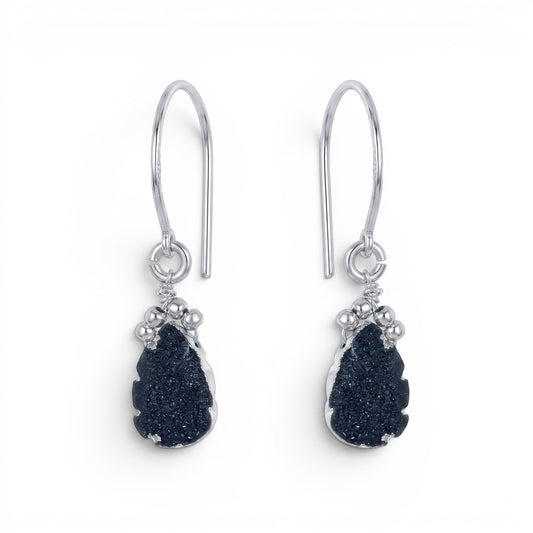 Trebor Style black druzy teardrop earrings with sterling silver settings and hook wires.