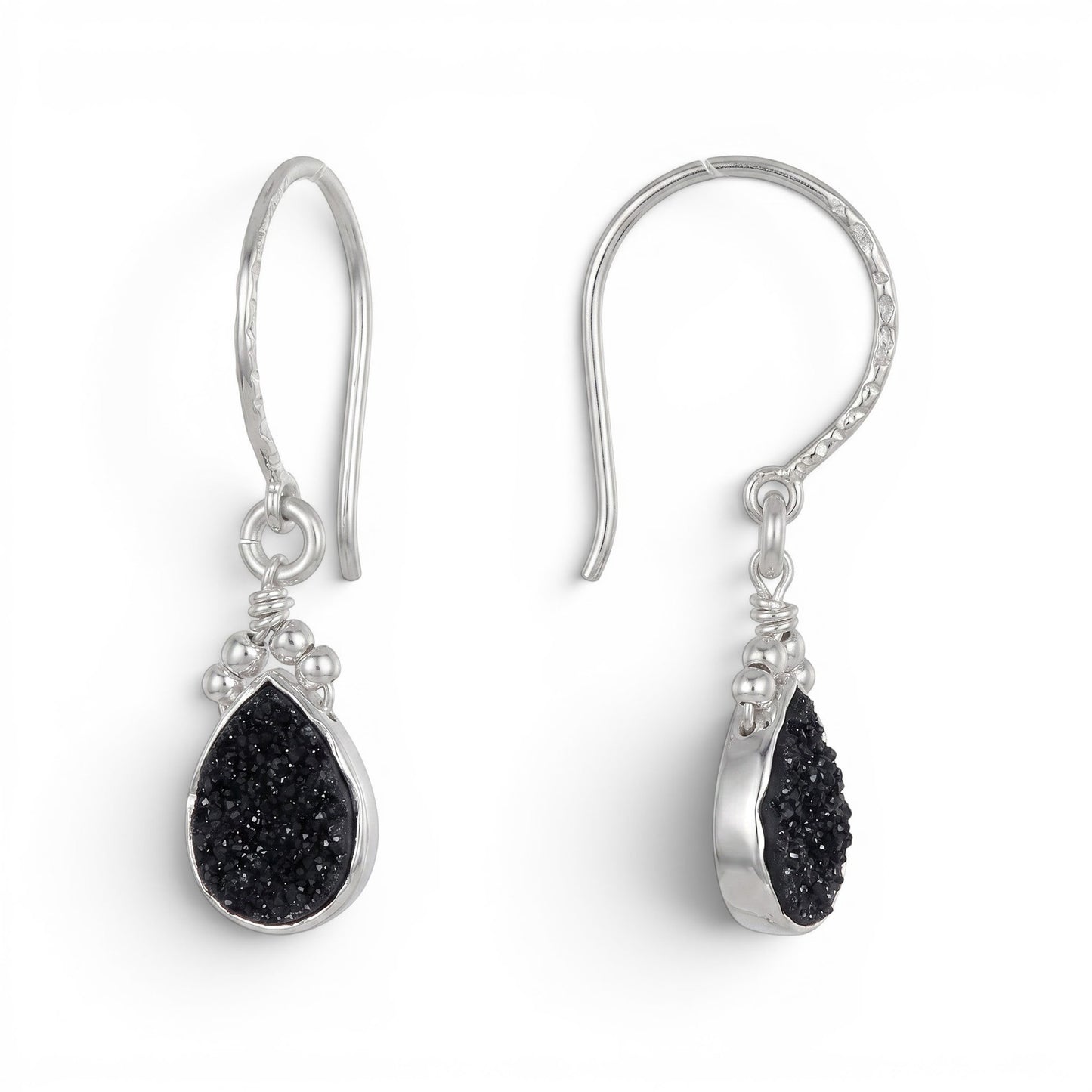Trebor Style black druzy teardrop earrings set in sterling silver with a textured hook design.