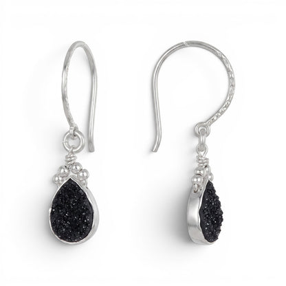 Trebor Style black druzy teardrop earrings set in sterling silver with a textured hook design.