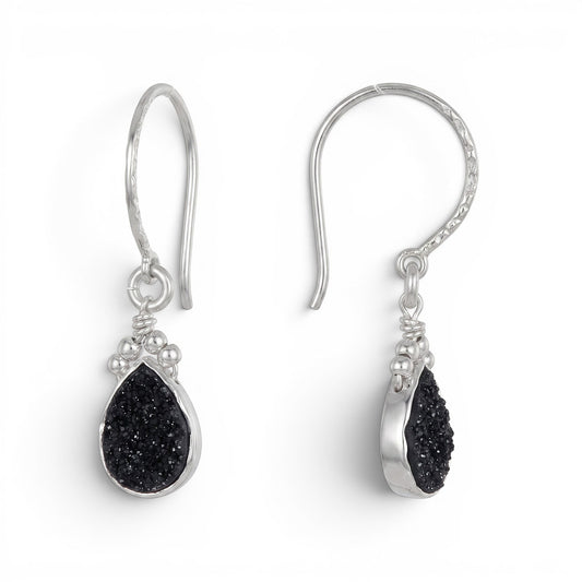 Trebor Style black druzy teardrop earrings set in sterling silver with a textured hook design.