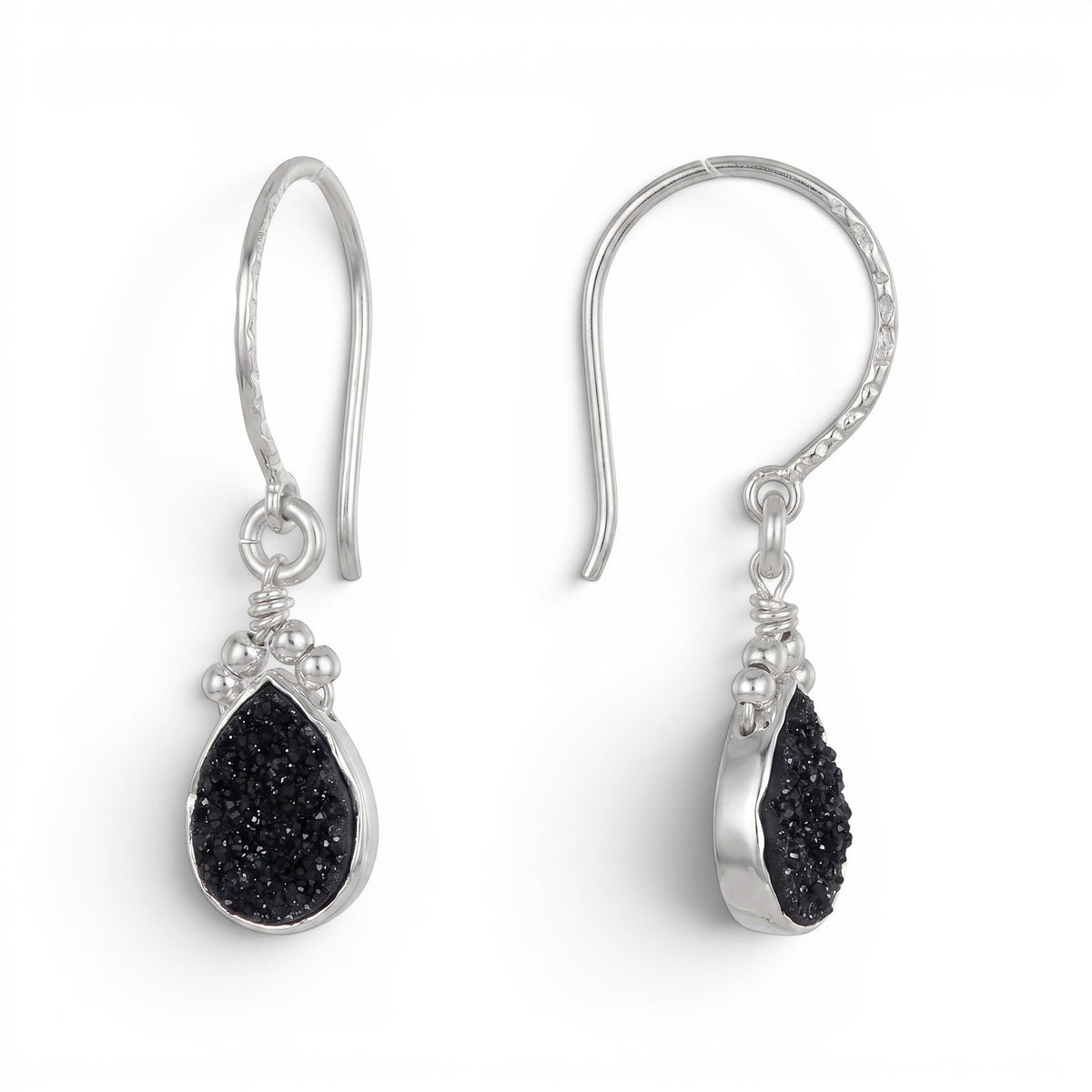 Trebor Style black druzy teardrop earrings set in sterling silver with a textured hook design.