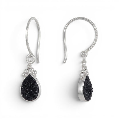 Trebor Style black druzy teardrop earrings set in sterling silver with a textured hook design.