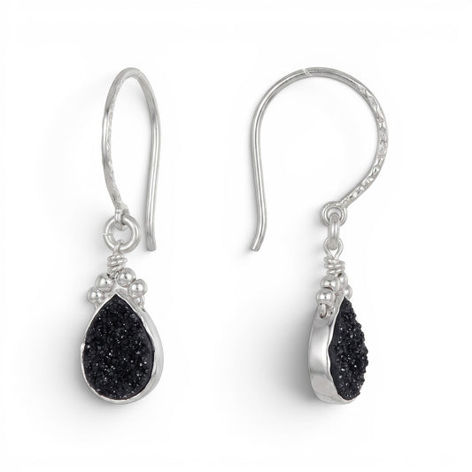 Trebor Style black druzy teardrop earrings set in sterling silver with a textured hook design.