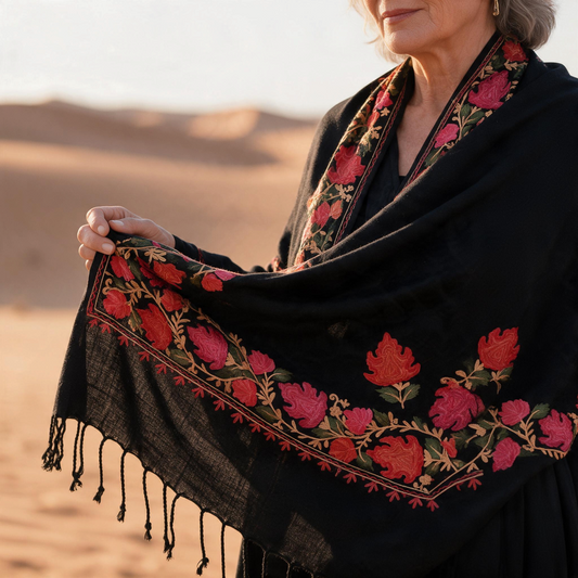 Trebor Style black wool blend shawl with intricate coral and pink floral embroidery, worn in a desert setting.