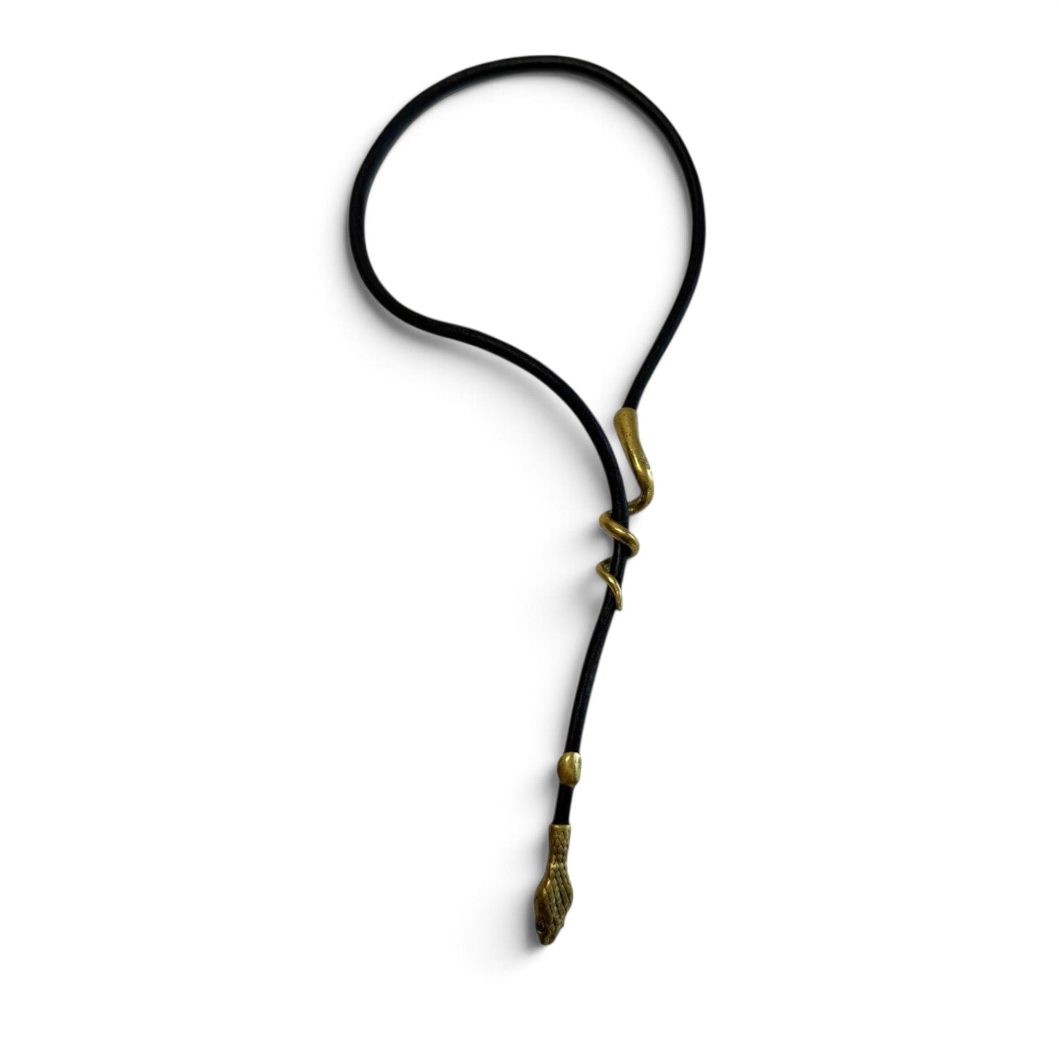 Trebor Style black leather lariat necklace featuring a detailed brass snake head and coiled tail design.