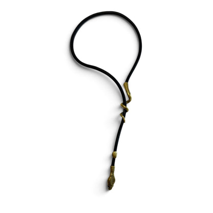 Trebor Style black leather lariat necklace featuring a detailed brass snake head and coiled tail design.