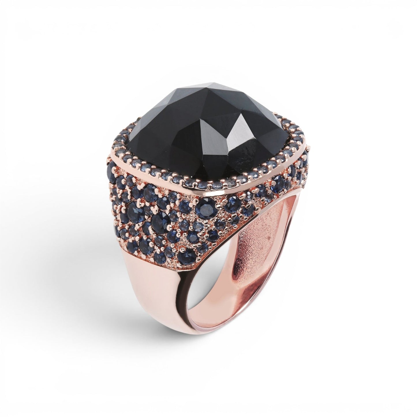 Trebor Style cocktail ring with faceted black onyx, blue cubic zirconia pavé, and 18k golden rosé plating.