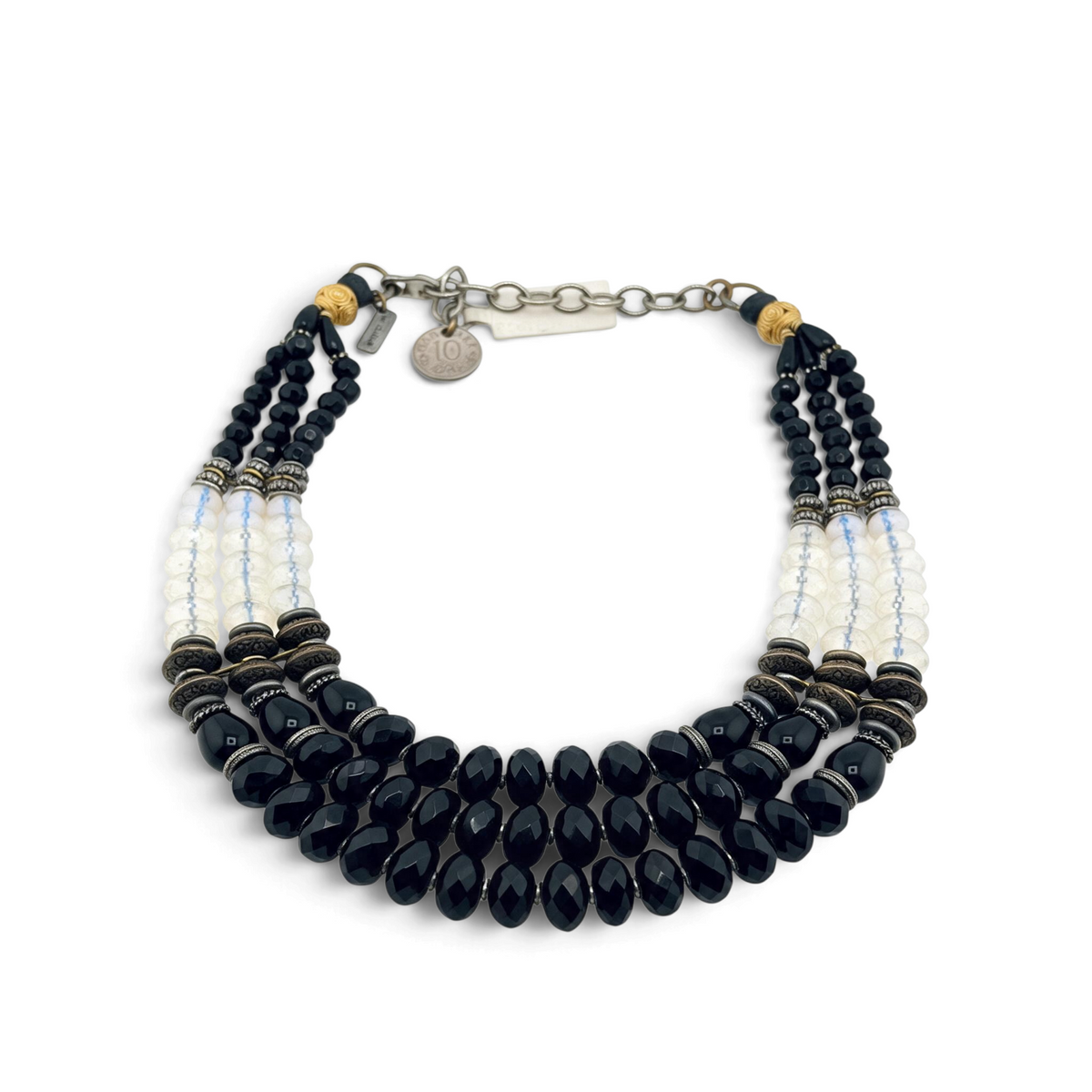 Trebor Style Masha Archer three-strand statement necklace with black onyx, opalite milkglass, and 24k gold plated beads.