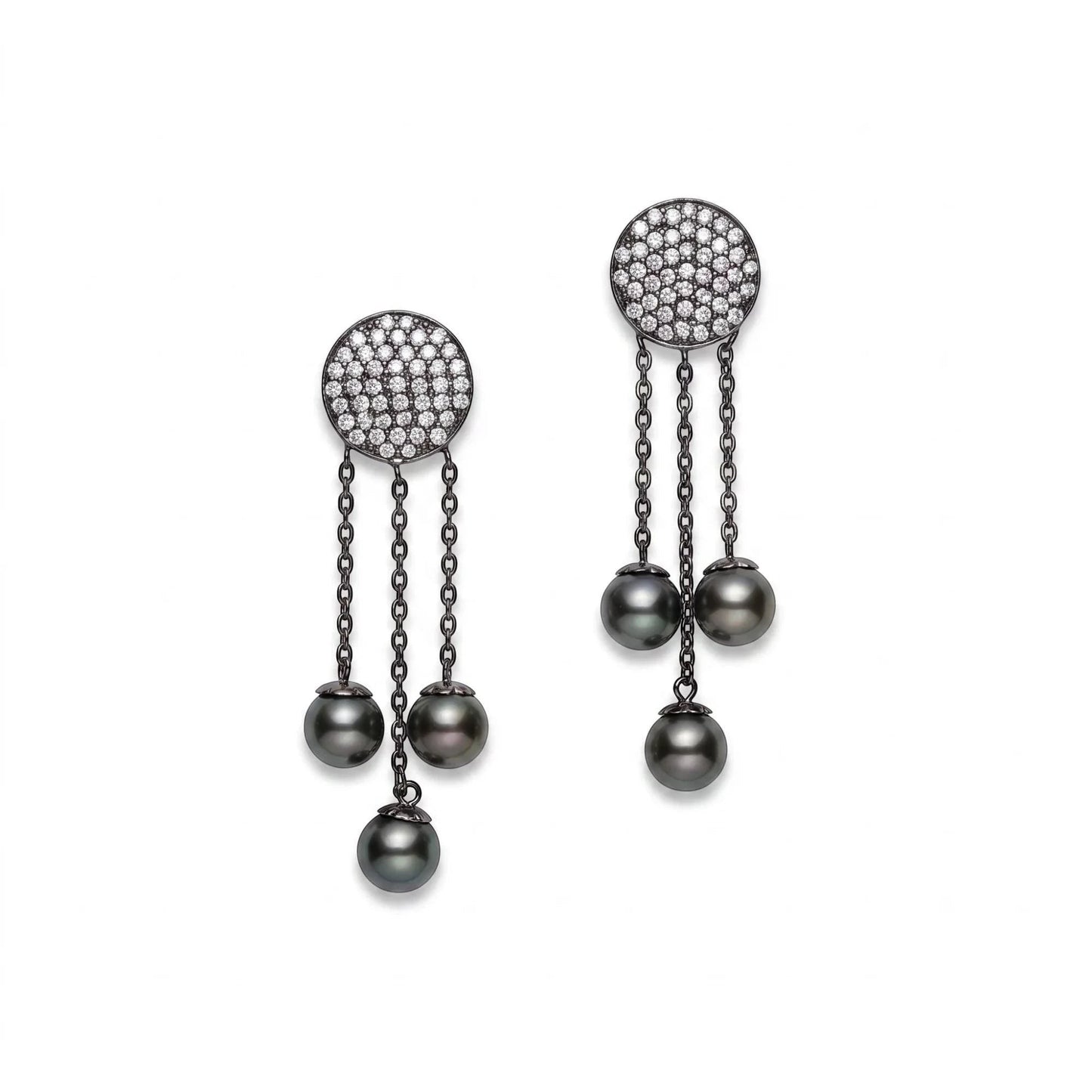 Black rhodium-plated silver drop earrings with cubic zirconia pavé and black Tahitian pearls by Dyanne Belle.