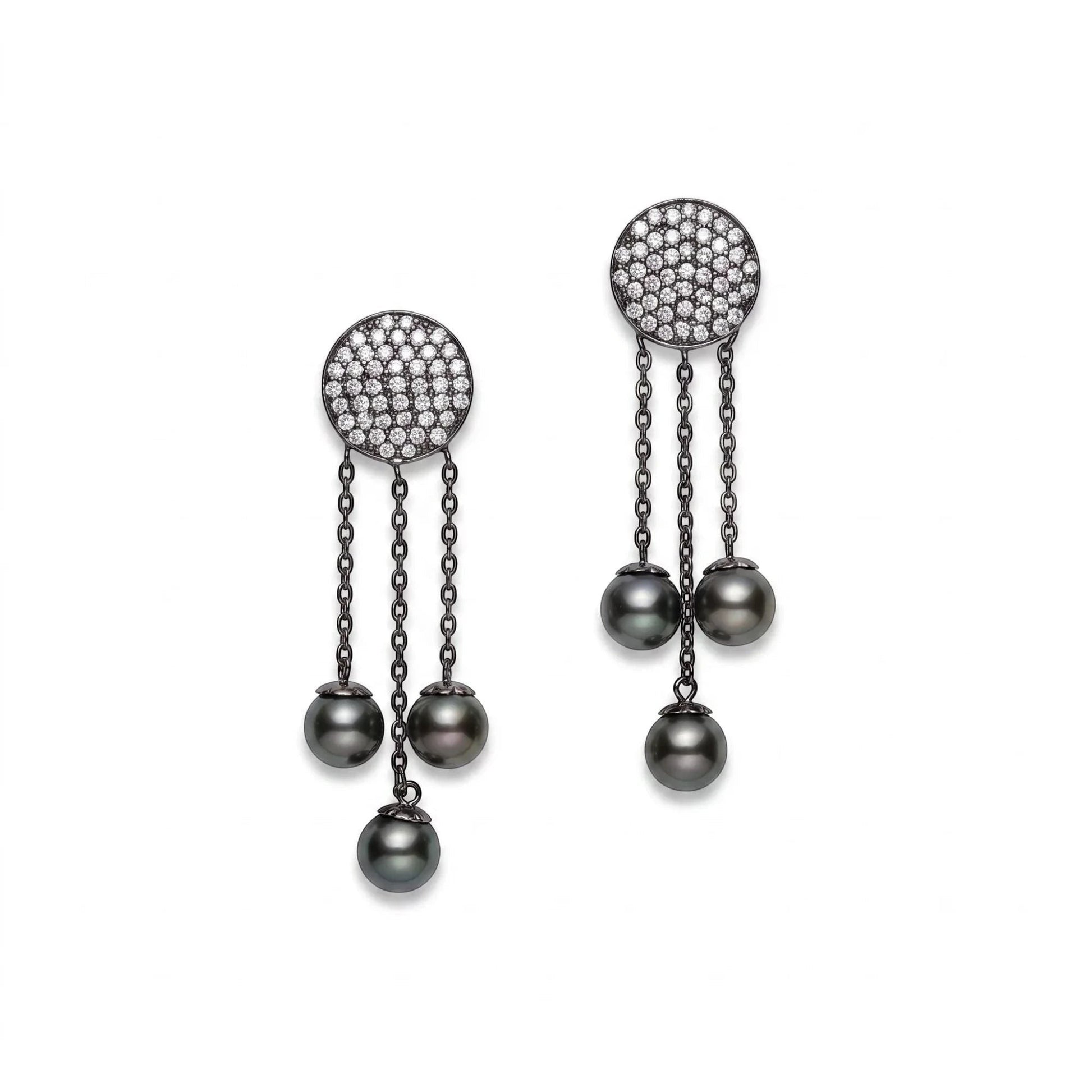 Black rhodium-plated silver drop earrings with cubic zirconia pavé and black Tahitian pearls by Dyanne Belle.