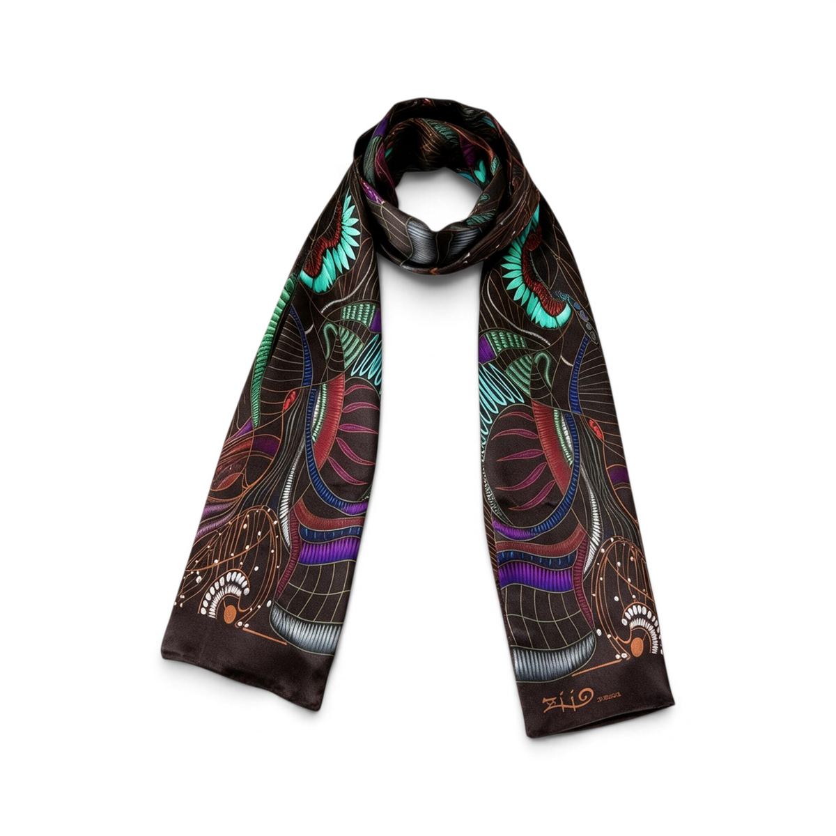 Trebor Style Ziio black silk satin tube scarf featuring a vibrant jungle print in blue, green, purple, and burgundy.