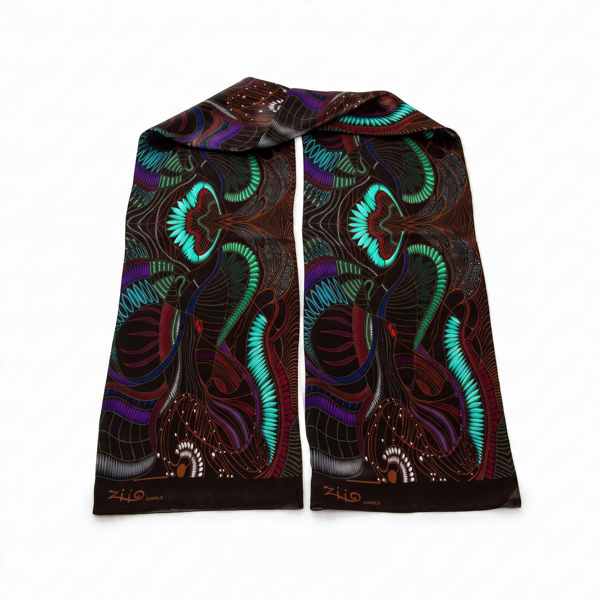 Trebor Style Ziio black silk satin tube scarf featuring a vibrant jungle print in blue, green, purple, and burgundy.
