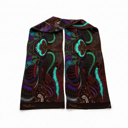 Trebor Style Ziio black silk satin tube scarf featuring a vibrant jungle print in blue, green, purple, and burgundy.