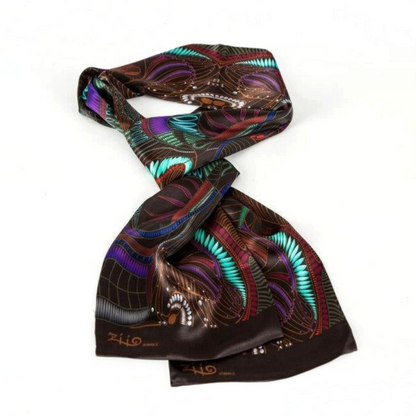 Trebor Style Ziio black silk satin tube scarf featuring a vibrant jungle print in blue, green, purple, and burgundy.