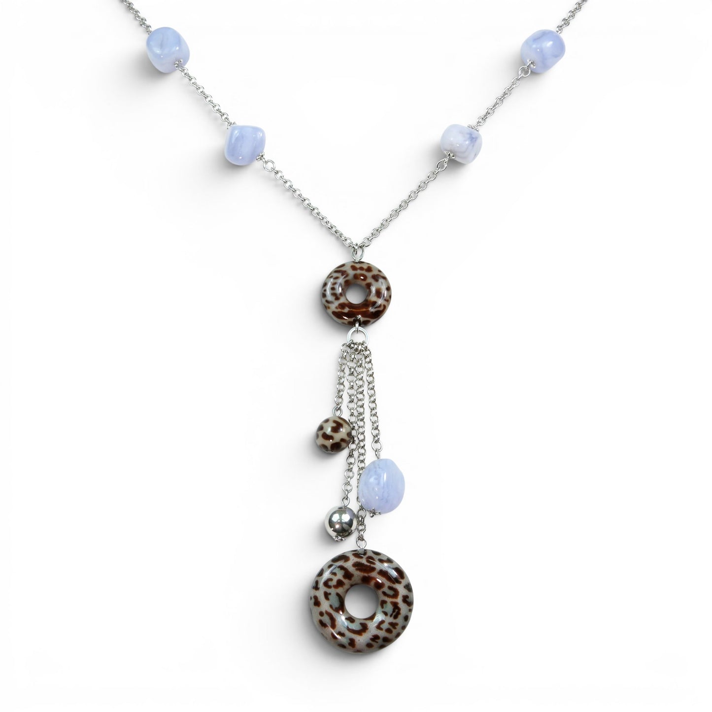 Trebor Style sterling silver Y-necklace with blue agate nuggets and animal print enamel beads on a tassel drop.