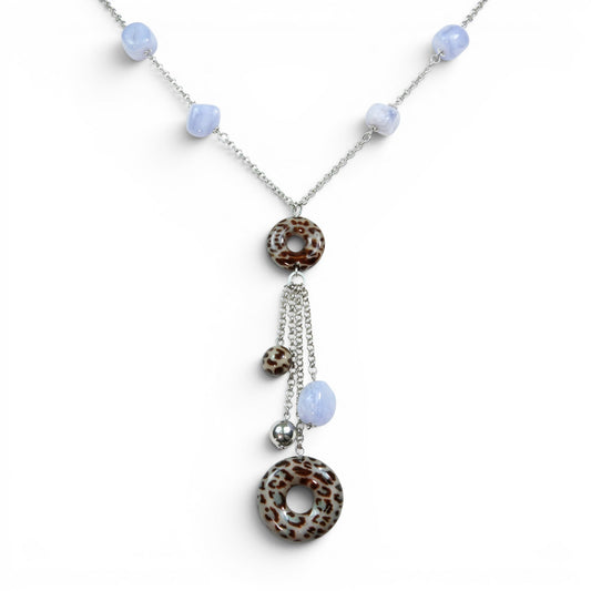 Trebor Style sterling silver Y-necklace with blue agate nuggets and animal print enamel beads on a tassel drop.
