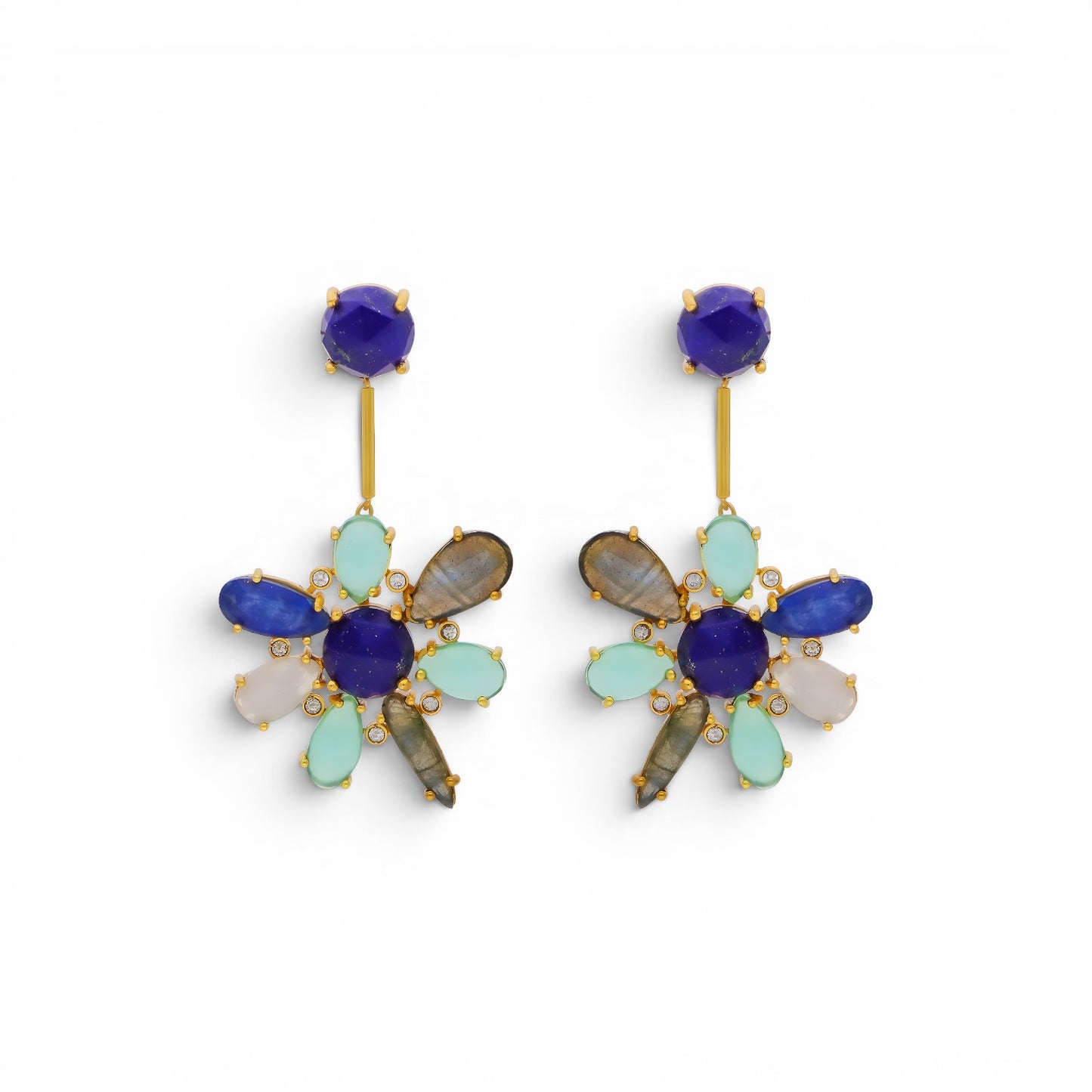 Trebor Style blue hibiscus floral earrings featuring kyanite, lapis lazuli, and aquamarine stones in 22k gold plated metal.
