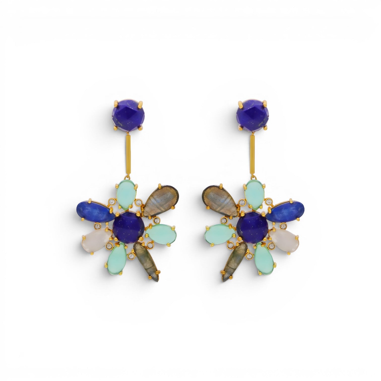 Trebor Style blue hibiscus floral earrings featuring kyanite, lapis lazuli, and aquamarine stones in 22k gold plated metal.