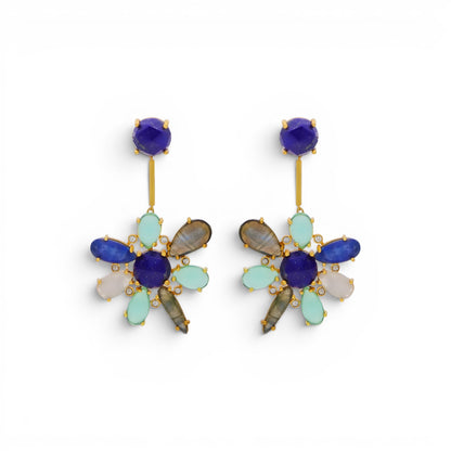 Trebor Style blue hibiscus floral earrings featuring kyanite, lapis lazuli, and aquamarine stones in 22k gold plated metal.