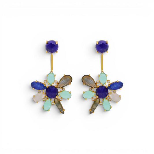 Trebor Style blue hibiscus floral earrings featuring kyanite, lapis lazuli, and aquamarine stones in 22k gold plated metal.