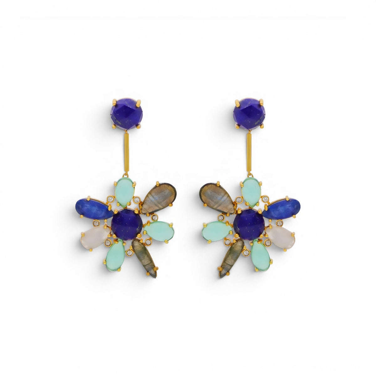 Trebor Style blue hibiscus floral earrings featuring kyanite, lapis lazuli, and aquamarine stones in 22k gold plated metal.