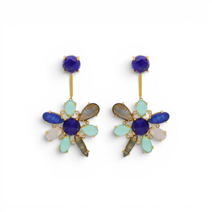 Trebor Style blue hibiscus floral earrings featuring kyanite, lapis lazuli, and aquamarine stones in 22k gold plated metal.