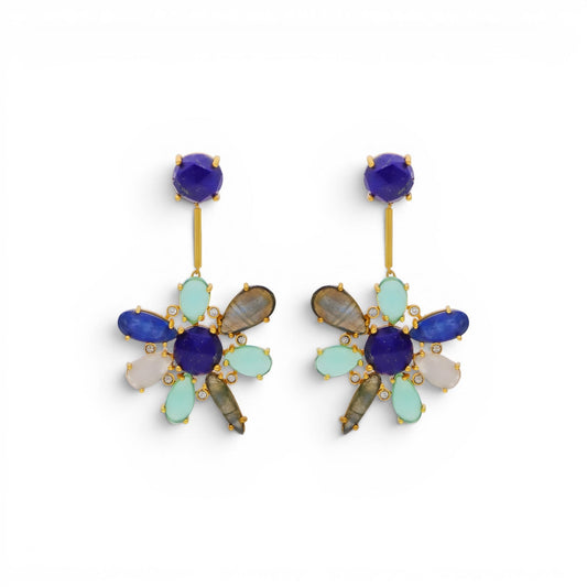 Trebor Style blue hibiscus floral earrings featuring kyanite, lapis lazuli, and aquamarine stones in 22k gold plated metal.