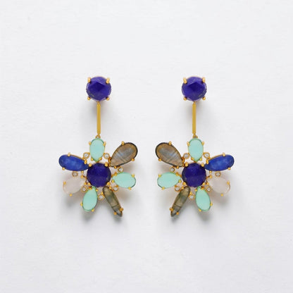 Trebor Style blue hibiscus flower earrings featuring kyanite, lapis lazuli, and aquamarine in 22k gold plated metal.
