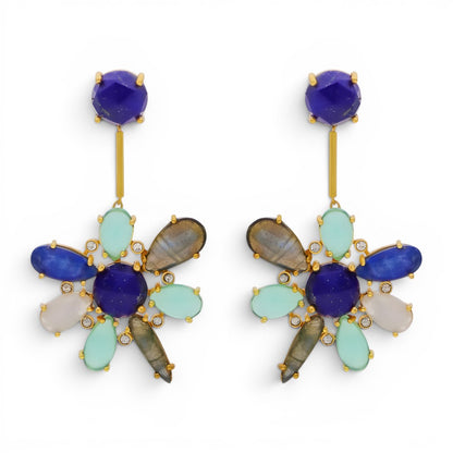 Trebor Style blue hibiscus earrings featuring kyanite, lapis lazuli, and aquamarine stones set in 22k gold plated metal.