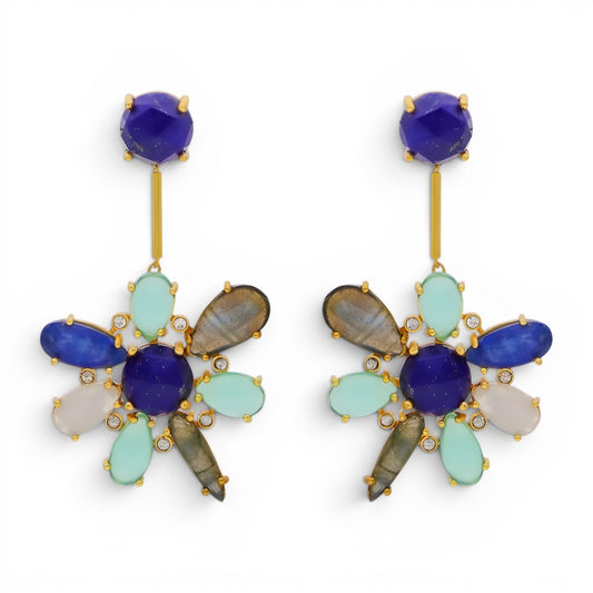 Trebor Style blue hibiscus earrings featuring kyanite, lapis lazuli, and aquamarine stones set in 22k gold plated metal.