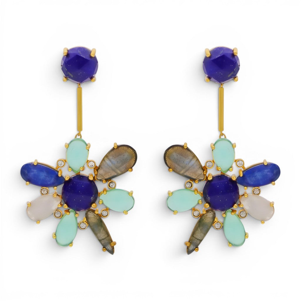 Trebor Style blue hibiscus earrings featuring kyanite, lapis lazuli, and aquamarine stones set in 22k gold plated metal.