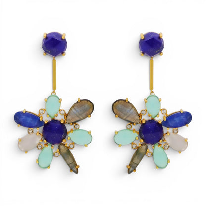 Trebor Style blue hibiscus earrings featuring kyanite, lapis lazuli, and aquamarine stones set in 22k gold plated metal.