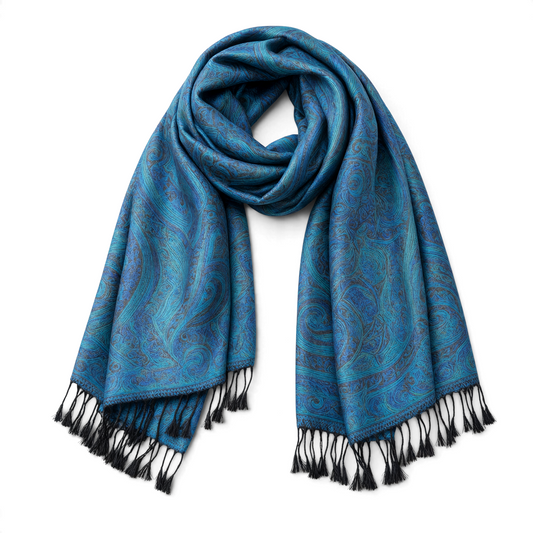 Trebor Style blue and teal modal silk pashmina scarf featuring an intricate Jamawar paisley pattern and black tassels.