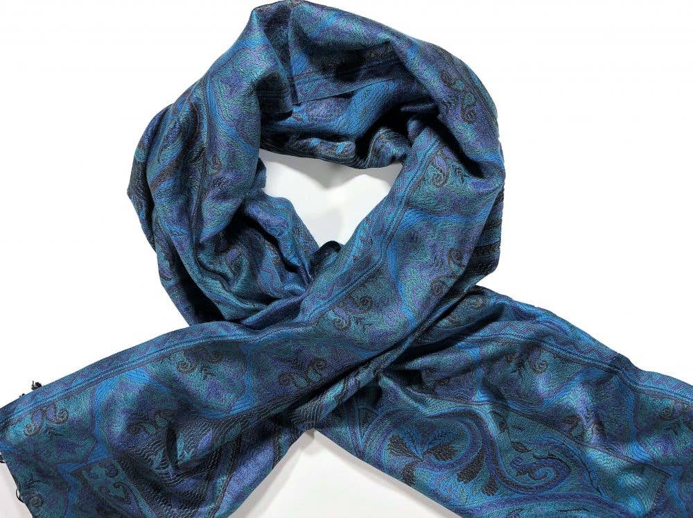 Trebor Style blue and teal modal silk pashmina scarf featuring intricate antique Jamawar paisley patterns.