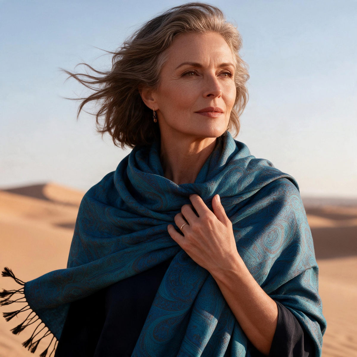 Trebor Style blue modal silk Jamawar pashmina scarf draped over a woman in a desert setting