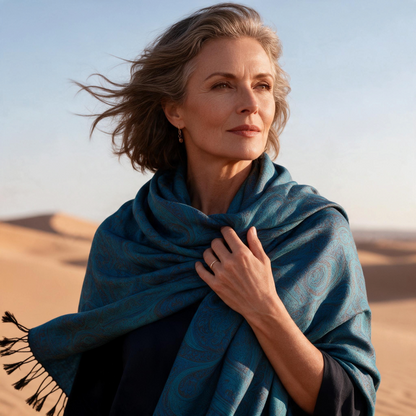 Trebor Style blue modal silk Jamawar pashmina scarf draped over a woman in a desert setting