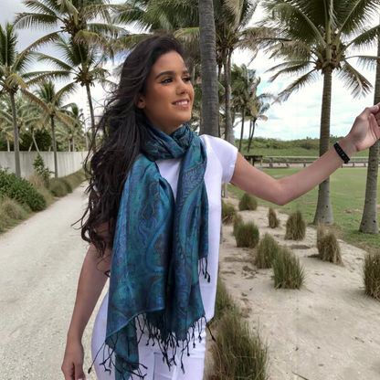 Trebor Style blue and teal modal silk Jamawar pashmina scarf with intricate paisley patterns worn by a woman