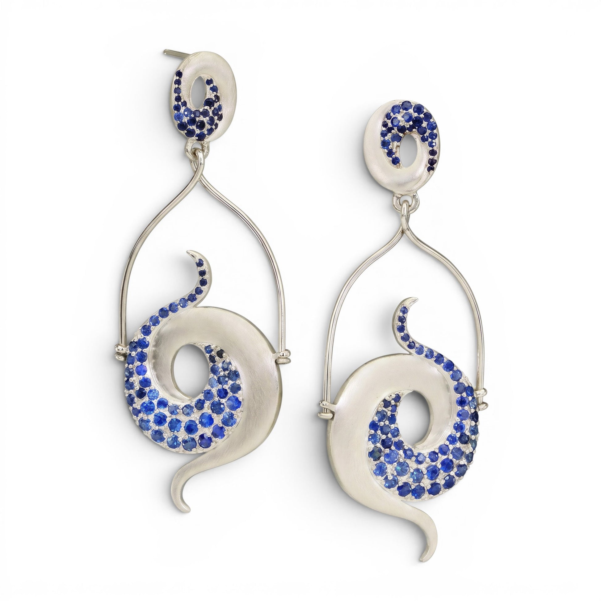 Trebor Style Martha Seely chandelier earrings in brushed Argentium silver with pave set blue sapphire gemstones.