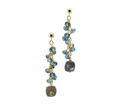 Trebor Style drop earrings featuring faceted London Blue Topaz beads and cubed Labradorite drops on gold-filled wire.