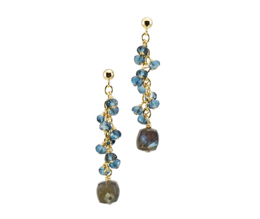 Trebor Style drop earrings featuring faceted London Blue Topaz beads and cubed Labradorite drops on gold-filled wire.