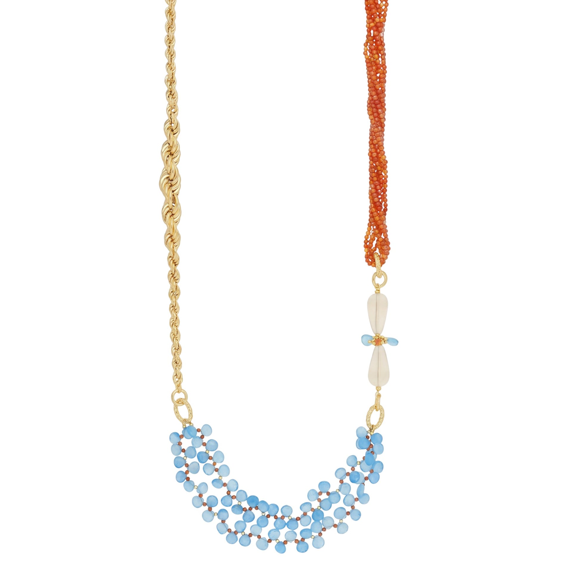 Trebor Style Ines braided necklace featuring gold-plated silver, red coral, opal, and blue gemstone clusters.