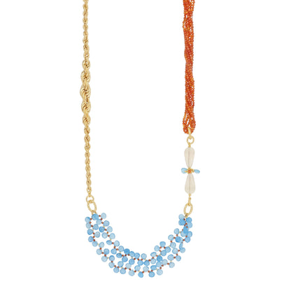 Trebor Style Ines braided necklace featuring gold-plated silver, red coral, opal, and blue gemstone clusters.