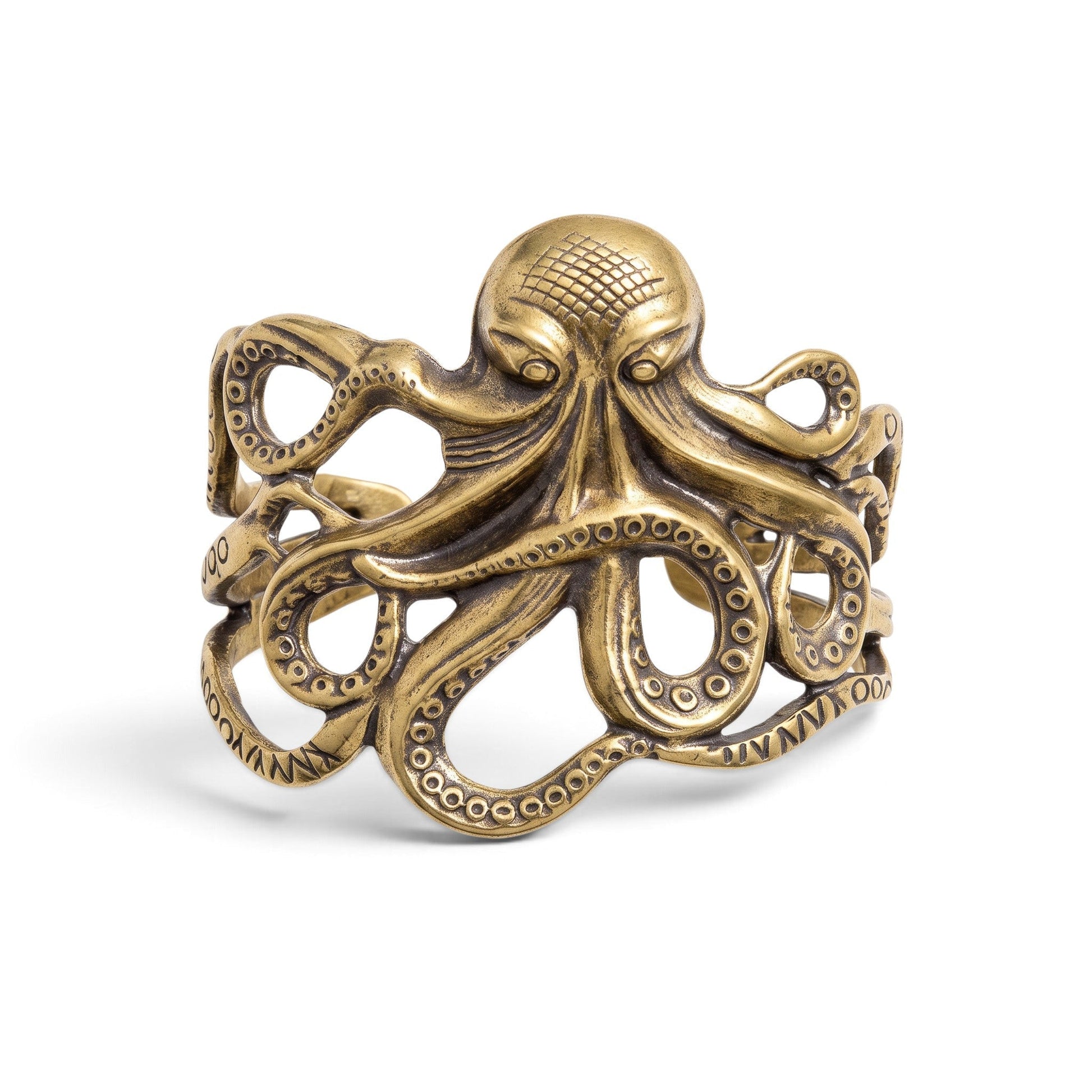 Trebor Style brass octopus cuff bracelet with intricate Victorian-inspired tentacle detailing wrapping around the wrist