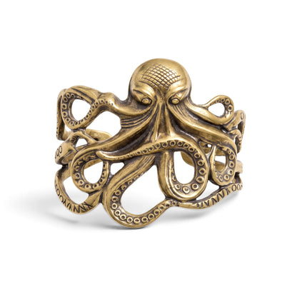 Trebor Style brass octopus cuff bracelet with intricate Victorian-inspired tentacle detailing wrapping around the wrist