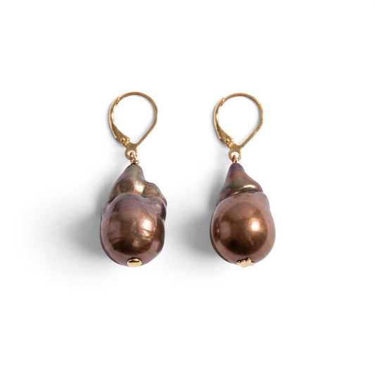 Trebor Style bronze baroque freshwater pearl drop earrings with 18k gold lever backs, handcrafted in Italy.