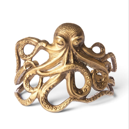 Trebor Style bronze octopus cuff bracelet with intricate Victorian-inspired tentacle detailing on a white background.