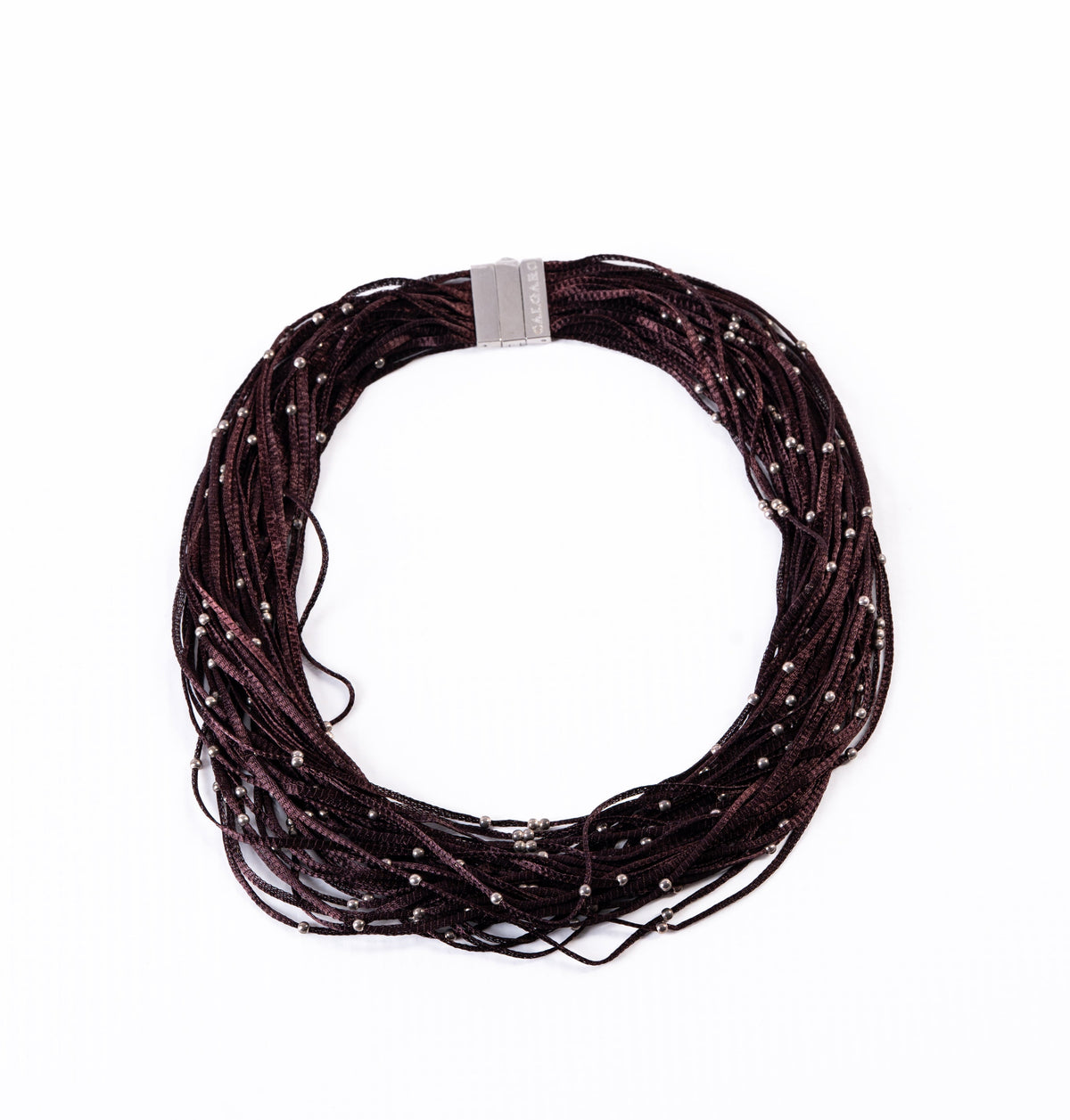 Trebor Style Calgaro choker necklace featuring brown woven sterling silver threads and delicate silver beads.